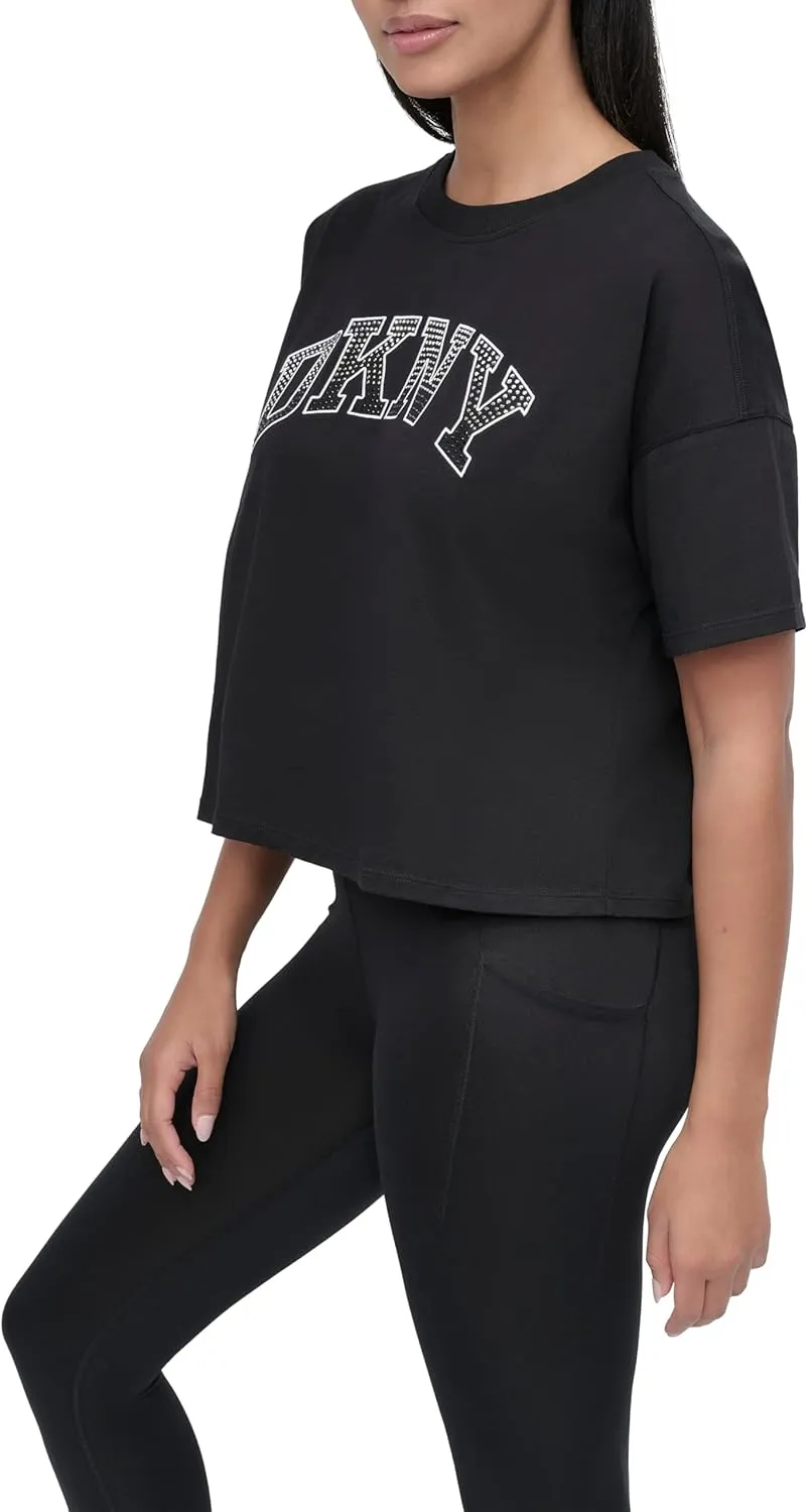 DKNY womens Rhinestone Logo Short Sleeve Cropped Loose Fit T-shirt