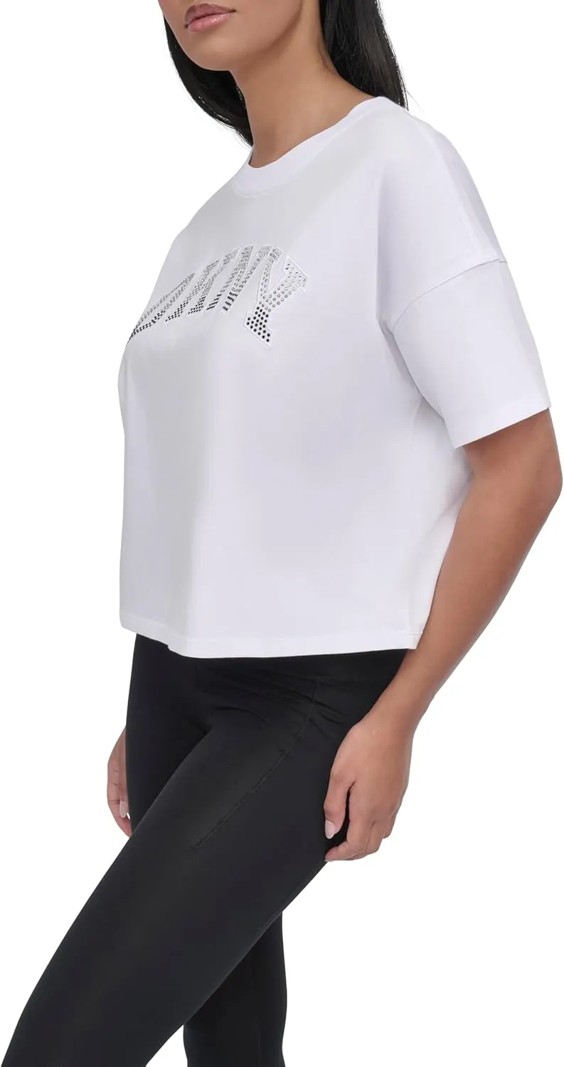 DKNY womens Rhinestone Logo Short Sleeve Cropped Loose Fit T-shirt