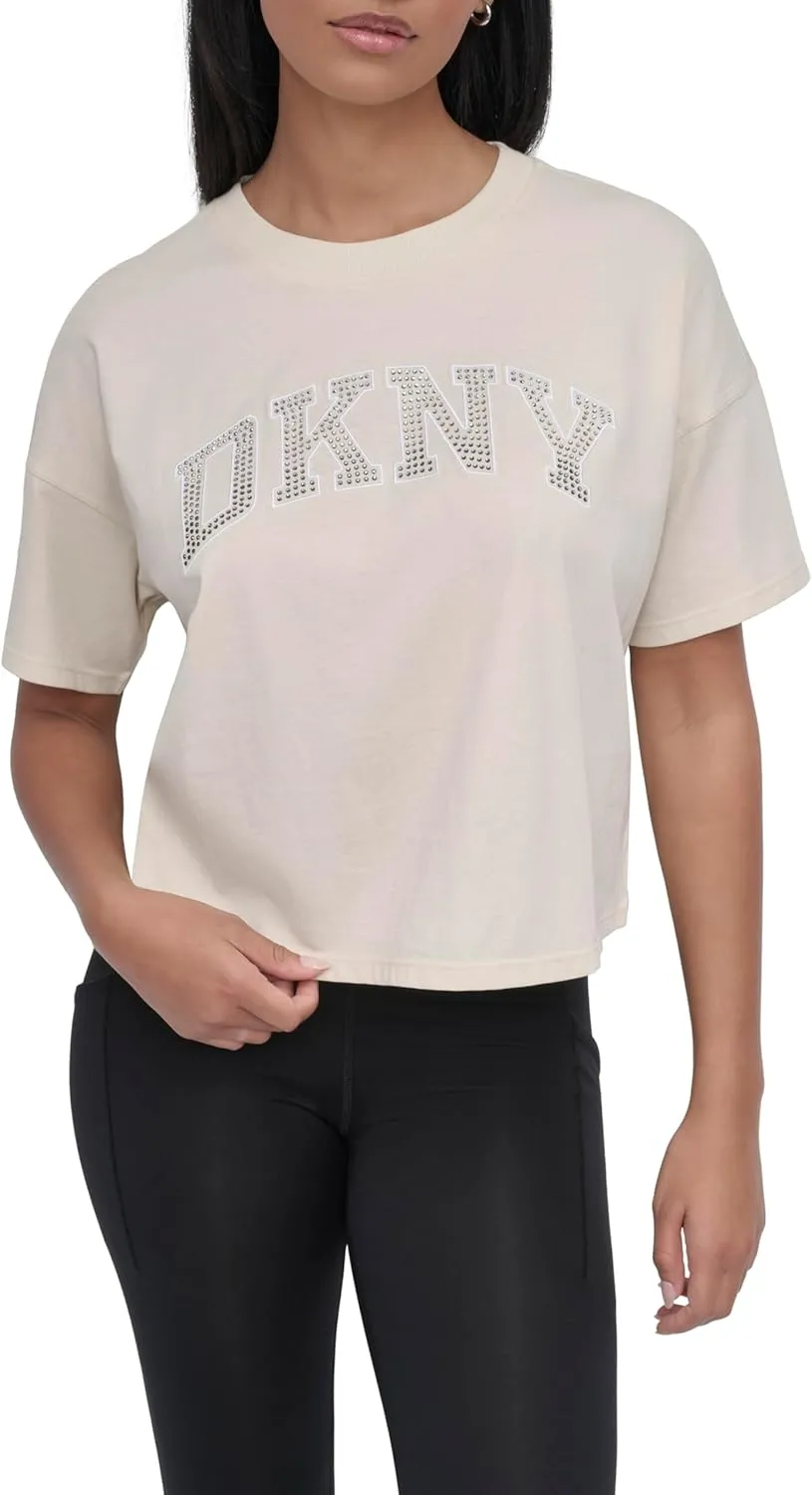 DKNY womens Rhinestone Logo Short Sleeve Cropped Loose Fit T-shirt