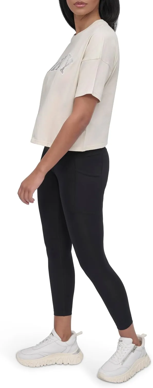 DKNY womens Rhinestone Logo Short Sleeve Cropped Loose Fit T-shirt