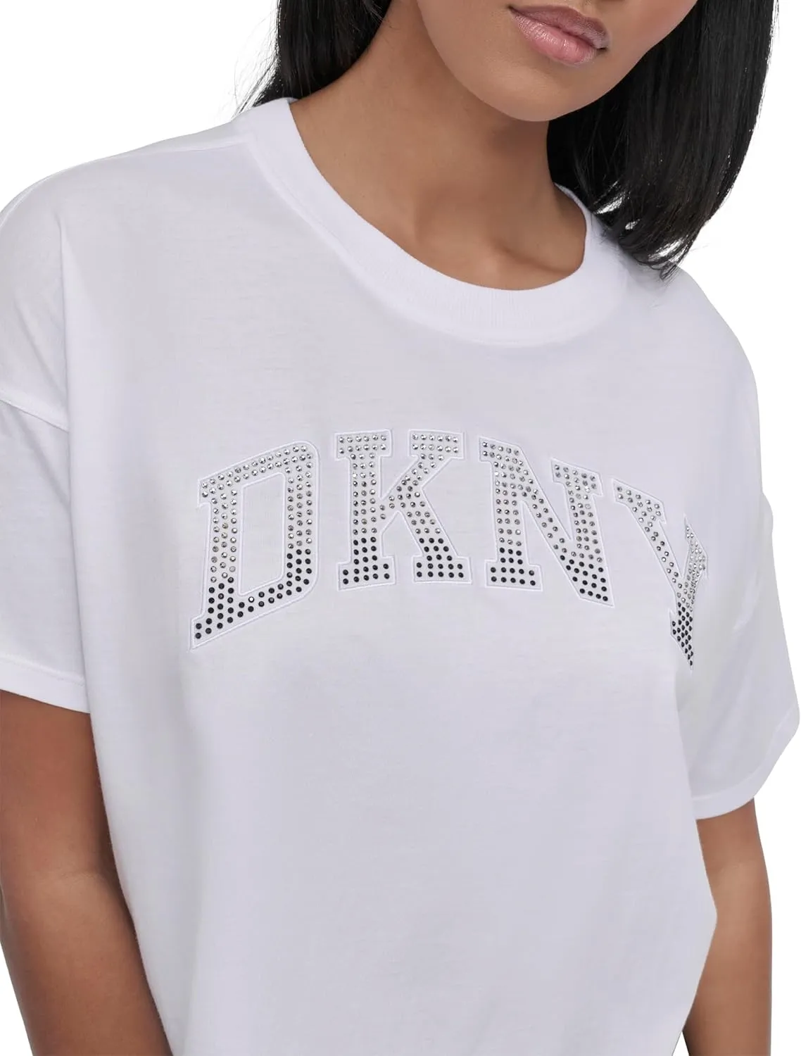 DKNY womens Rhinestone Logo Short Sleeve Cropped Loose Fit T-shirt
