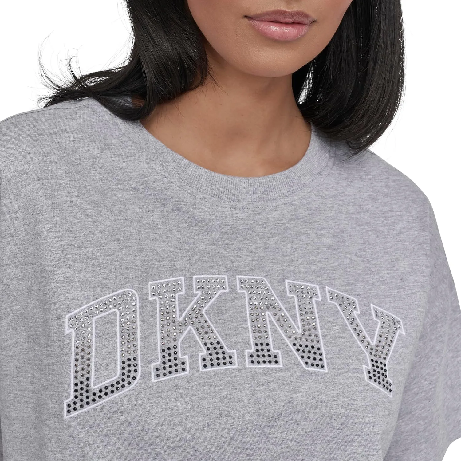 DKNY womens Rhinestone Logo Short Sleeve Cropped Loose Fit T-shirt