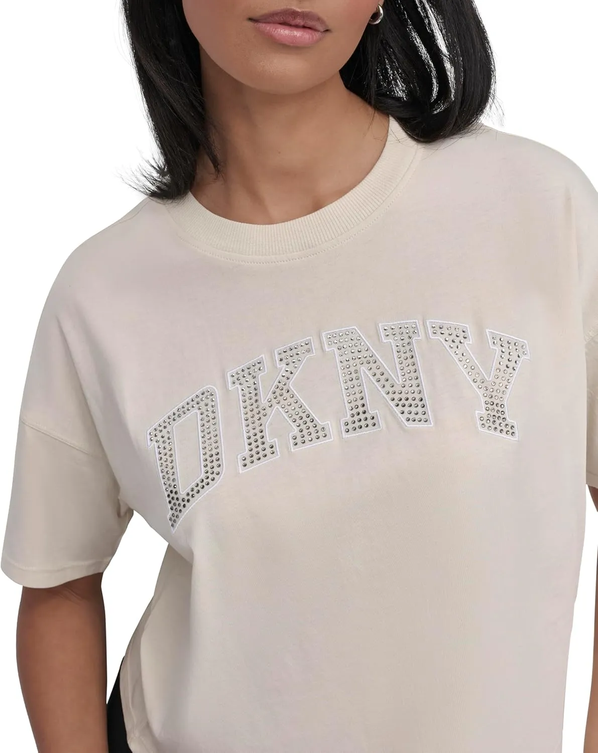 DKNY womens Rhinestone Logo Short Sleeve Cropped Loose Fit T-shirt