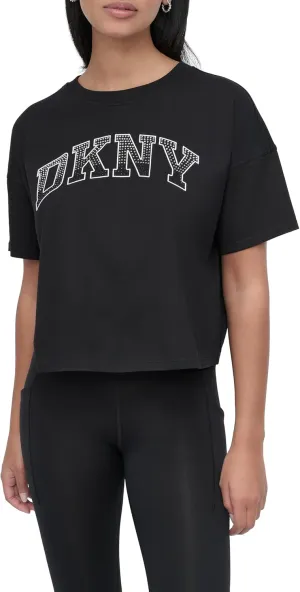 DKNY womens Rhinestone Logo Short Sleeve Cropped Loose Fit T-shirt