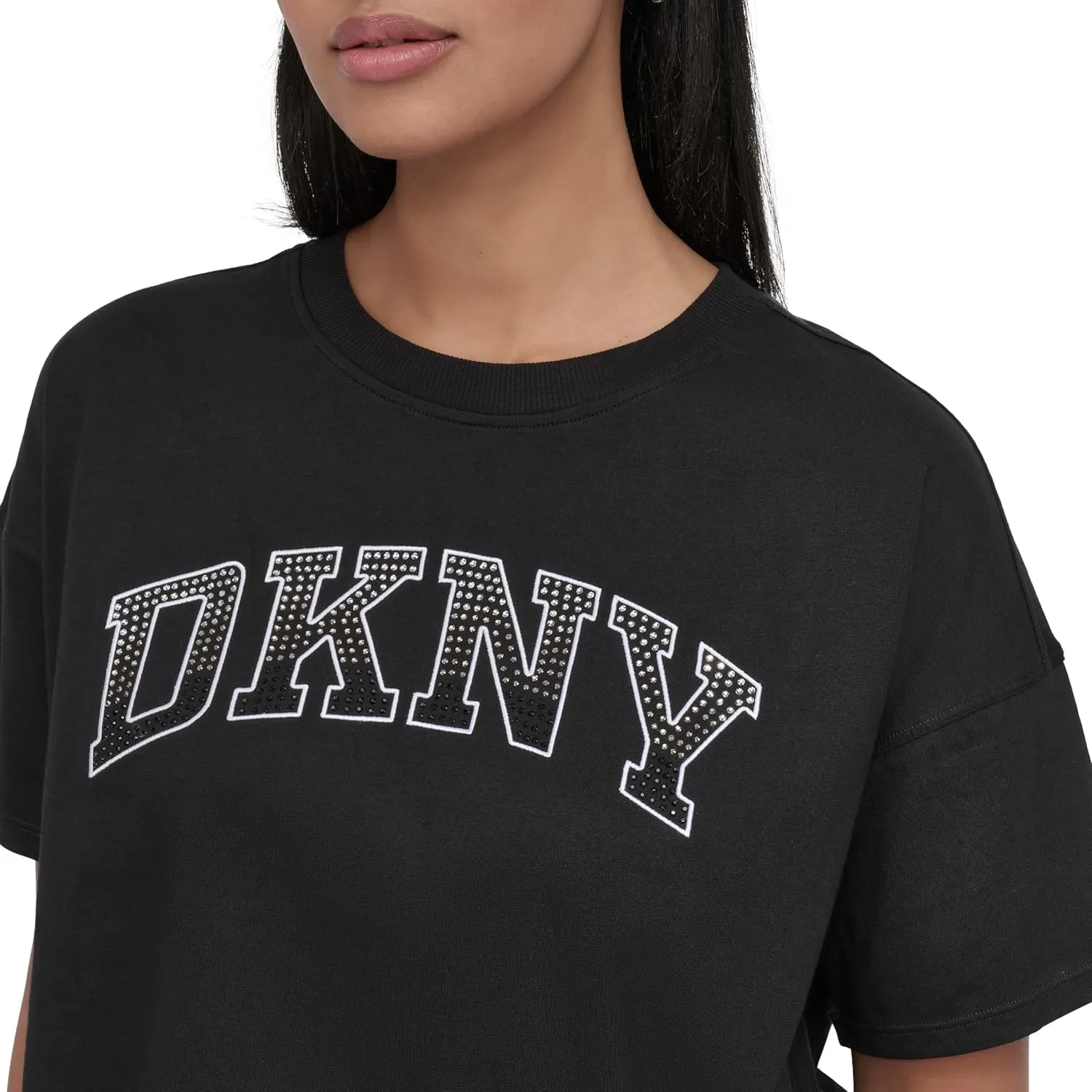 DKNY womens Rhinestone Logo Short Sleeve Cropped Loose Fit T-shirt
