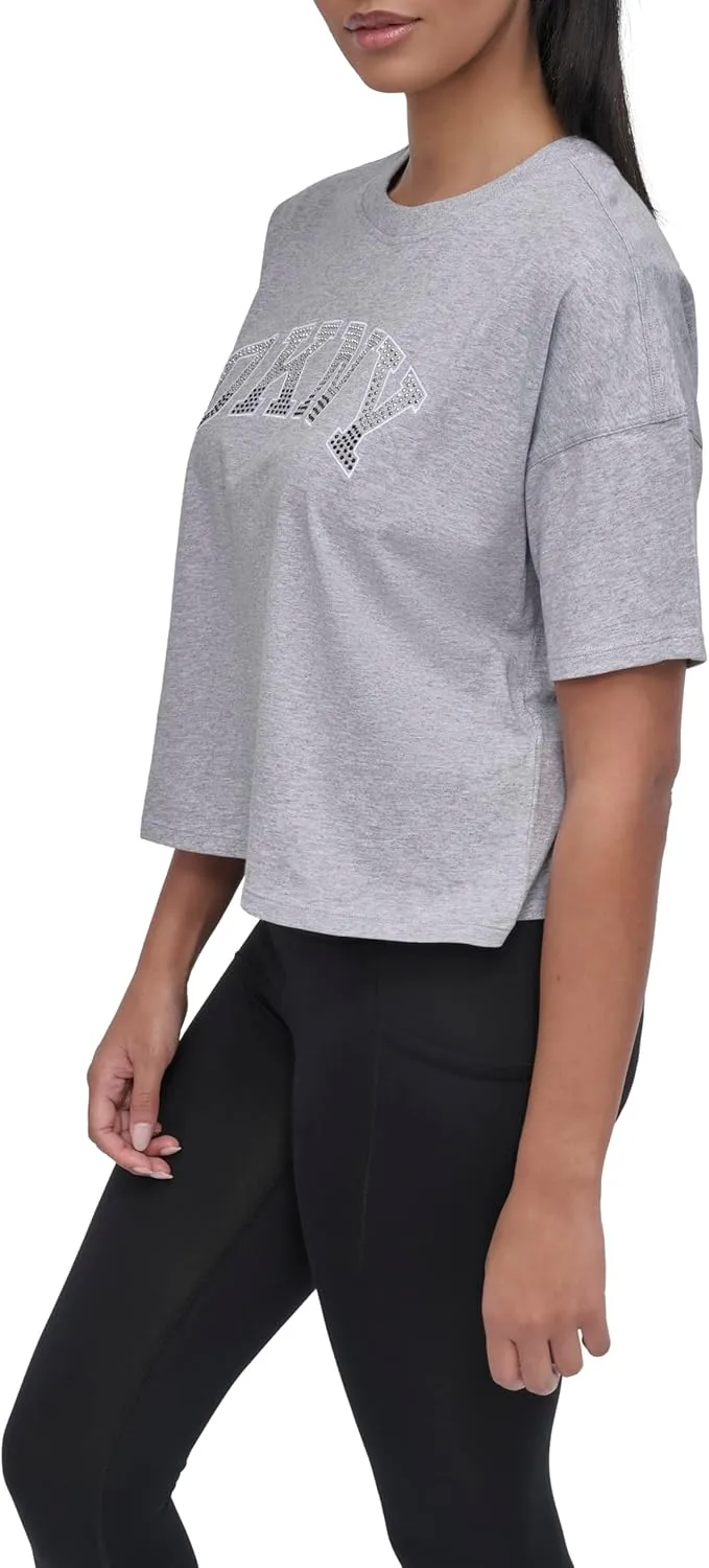 DKNY womens Rhinestone Logo Short Sleeve Cropped Loose Fit T-shirt