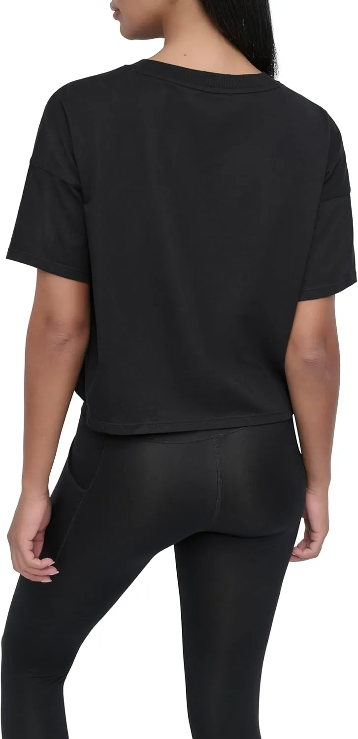 DKNY womens Rhinestone Logo Short Sleeve Cropped Loose Fit T-shirt