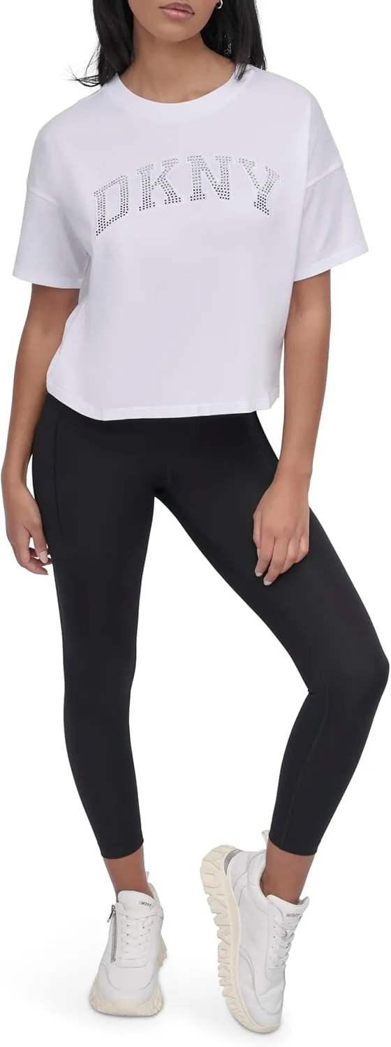 DKNY womens Rhinestone Logo Short Sleeve Cropped Loose Fit T-shirt