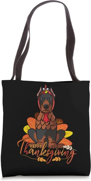 Doberman Pinscher Dog Greets Happy Thanksgiving Black Tote Bag