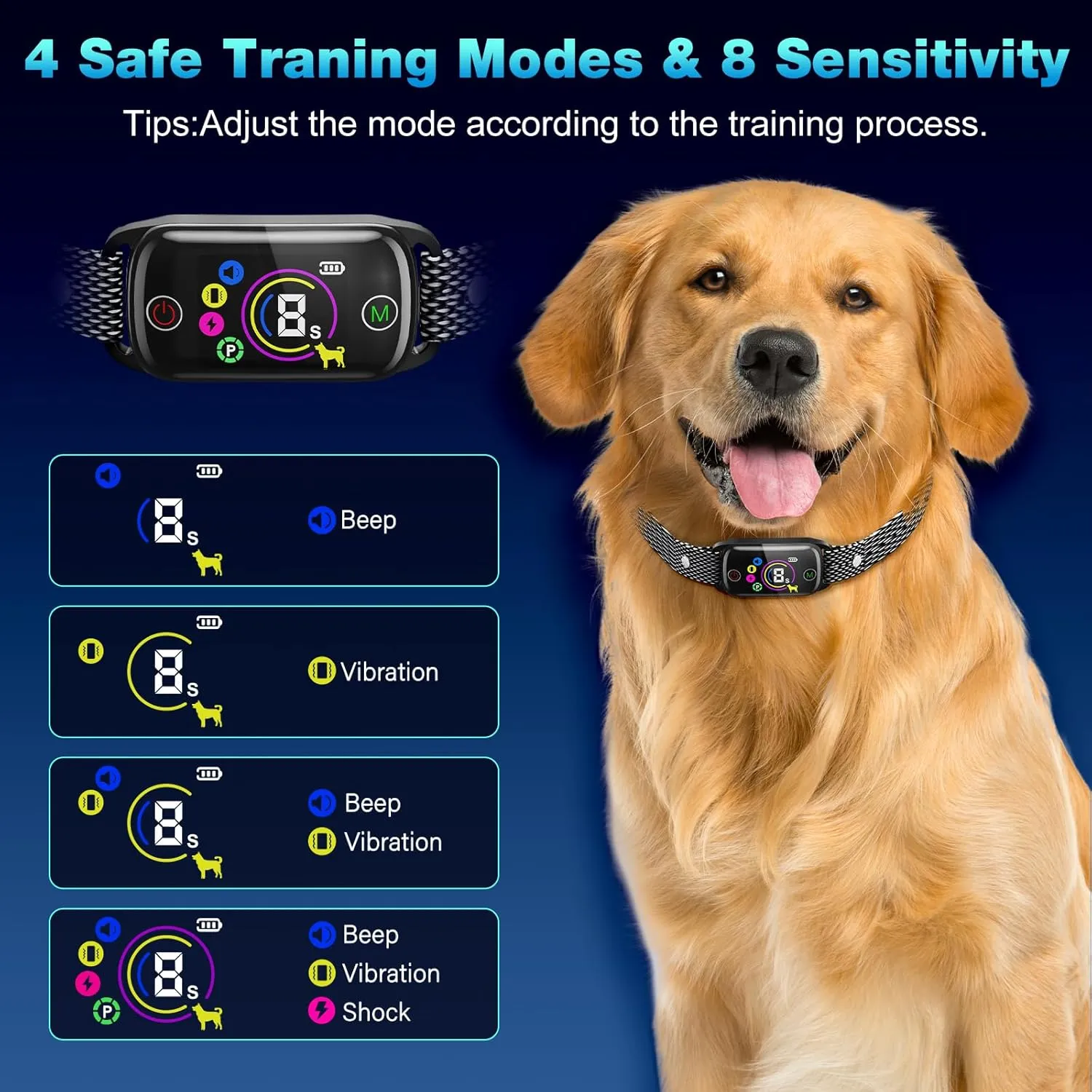 Dog Bark Collar 2 Pack, Bark Collar for Large Medium Small Dogs, Smart Bark Collar, Rechargeable Anti Bark Collars for Dogs with 8 Adjustable Sensitivity, Bark Shock Collar with 4 Training Modes