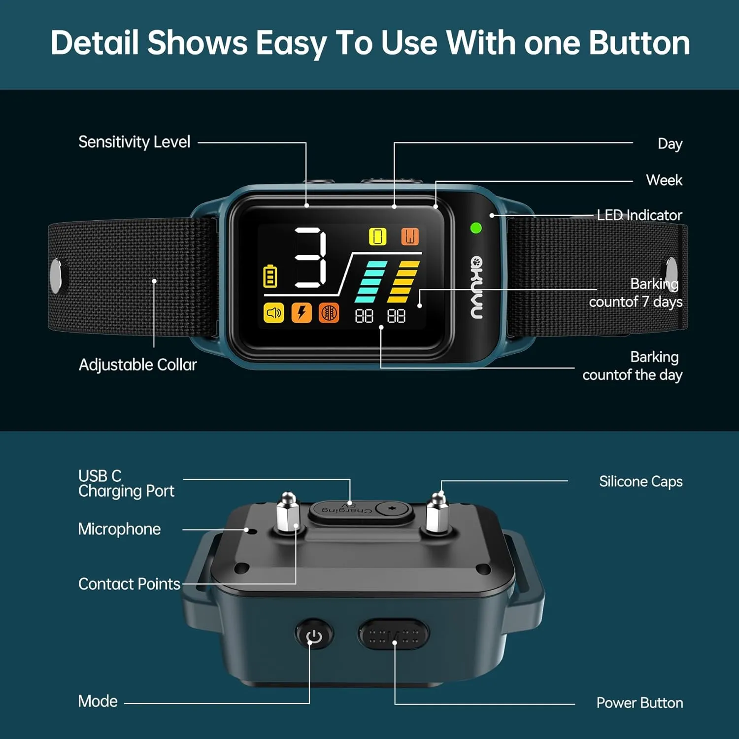 Dog Bark Collar-Rechargeable Smart Barking Collar- Anti Bark Training Collar with Adjustable Sensitivity Beep Vibration Shock- Bark Shock Collar for Small Large Medium Dogs