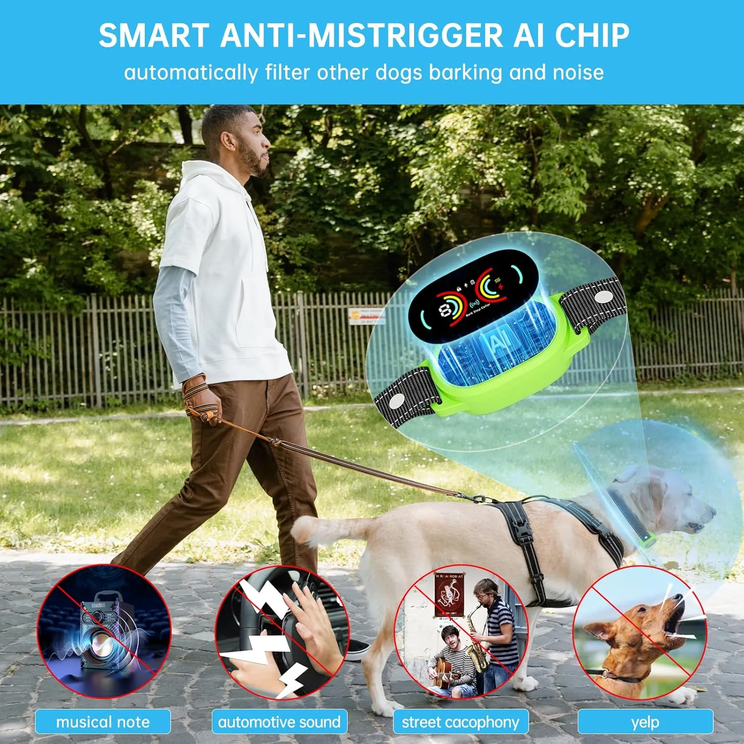 Dog Bark Collar, Smart Anti False Triggering AI Chip, IP67 Waterproof Rechargeable Anti Bark Collar with Adjustable Sensitivity, Perfect for Small Medium Large Dogs (Green)