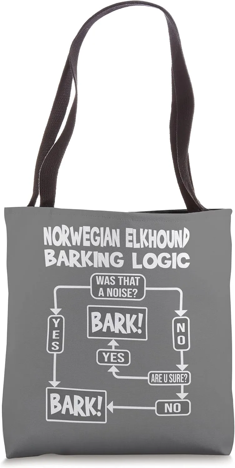 Dog Barking Logic, funny dog gift, Funny Norwegian Elkhound Tote Bag