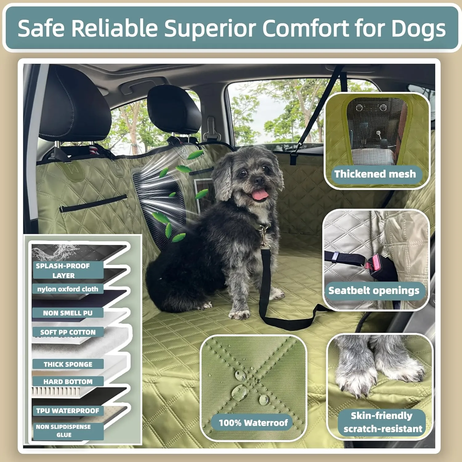 Dog car seat Cover for Back seat, 2025 New Upgraded Luxury Puppy Dog Hammock for car, Waterproof Hard Bottom car seat Cover for Dogs, Holds 400lbs,Easy to Install and Clean (Grass Green)
