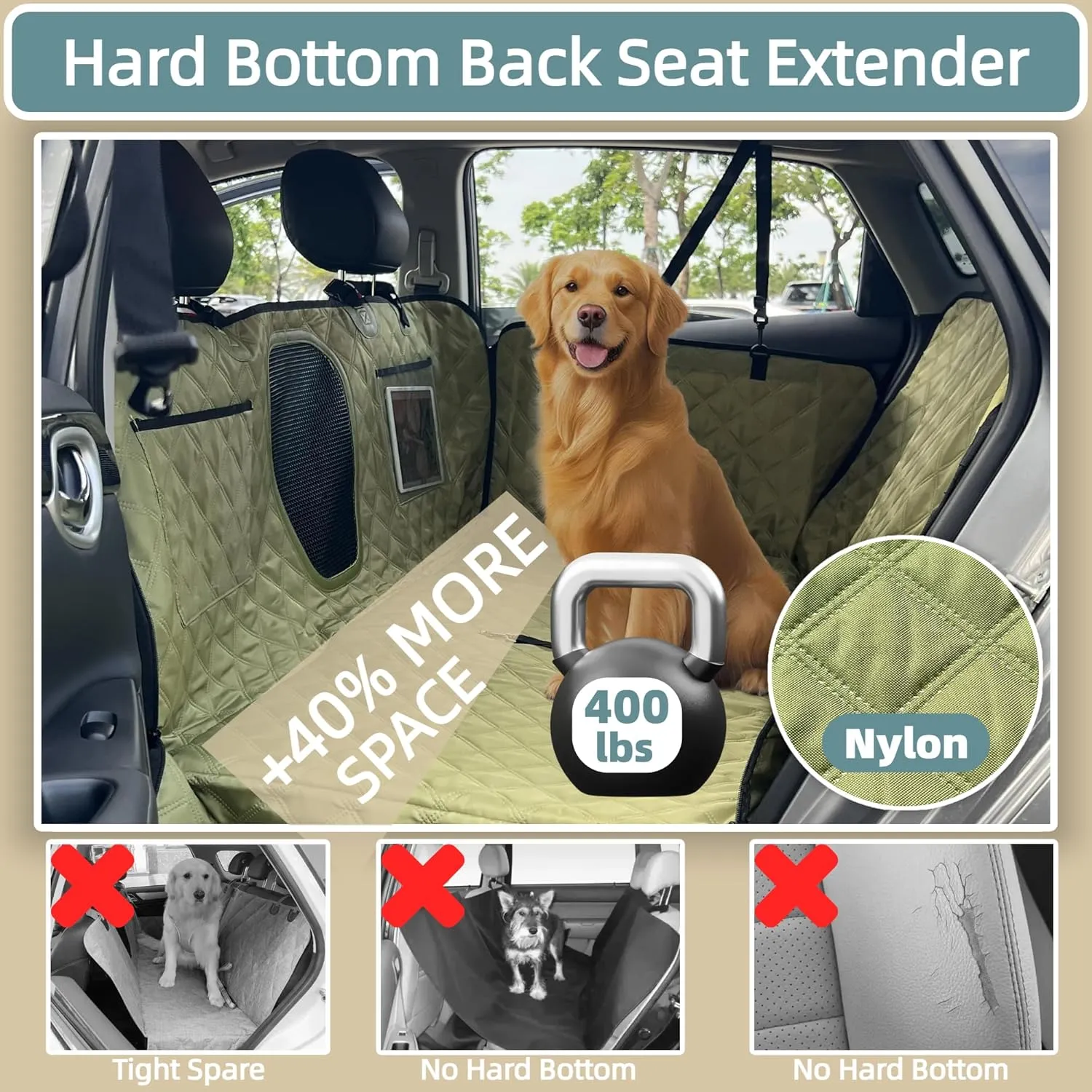 Dog car seat Cover for Back seat, 2025 New Upgraded Luxury Puppy Dog Hammock for car, Waterproof Hard Bottom car seat Cover for Dogs, Holds 400lbs,Easy to Install and Clean (Grass Green)