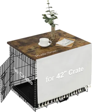 Dog Crate Topper Wood for 48 42 36 24 inch Cages, Dog Crate Table Topper with Tassel Curtain, Rustic Style Dog Kennel Topper, Rustic Brown(Dog Crate Not Include)