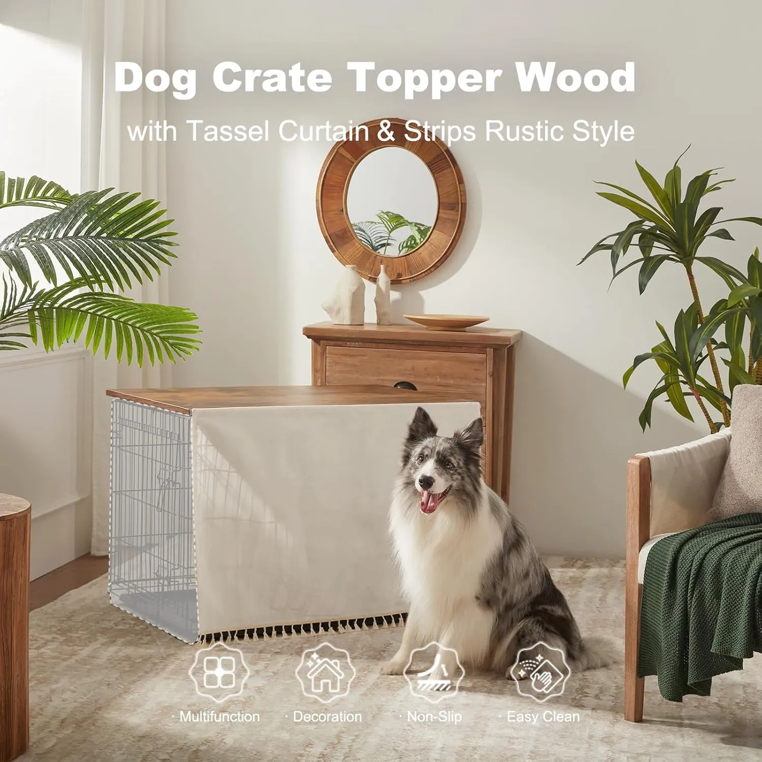 Dog Crate Topper Wood for 48 42 36 24 inch Cages, Dog Crate Table Topper with Tassel Curtain, Rustic Style Dog Kennel Topper, Rustic Brown(Dog Crate Not Include)