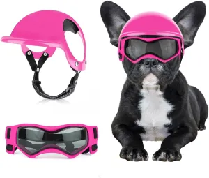 Dog Helmet with Dog Goggles for Small Dogs - Pet Motorcycle Helmet Hat with Ear Holes Adjustable Straps Safety Helmet for Puppy Riding - Pink