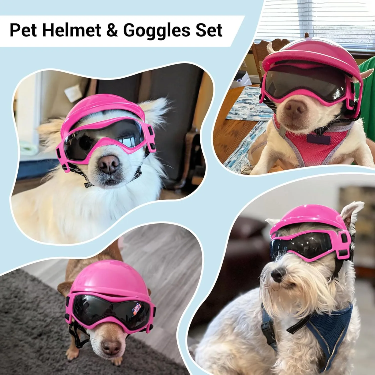 Dog Helmet with Dog Goggles for Small Dogs - Pet Motorcycle Helmet Hat with Ear Holes Adjustable Straps Safety Helmet for Puppy Riding - Pink