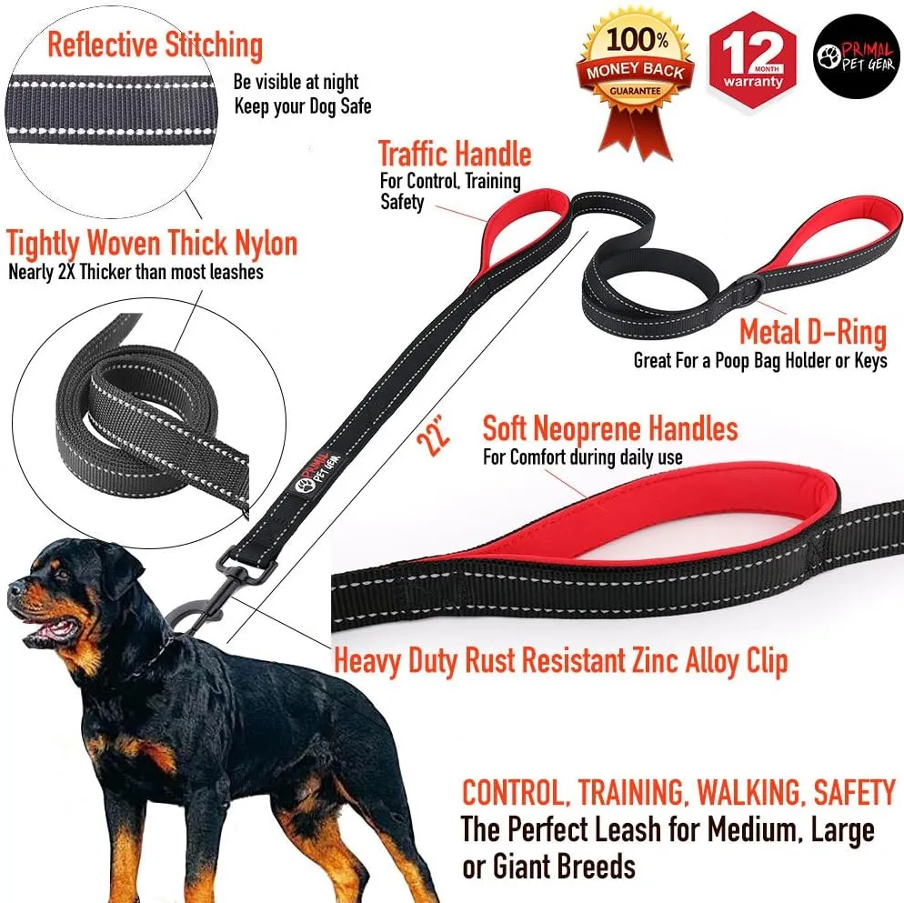 Dog Leash 8ft Long - Black - Traffic Padded Two Handle - Heavy Duty - Double Handles Lead for Control Safety Training - Leashes for Large Dogs or Medium Dogs - Dual Handles Leads