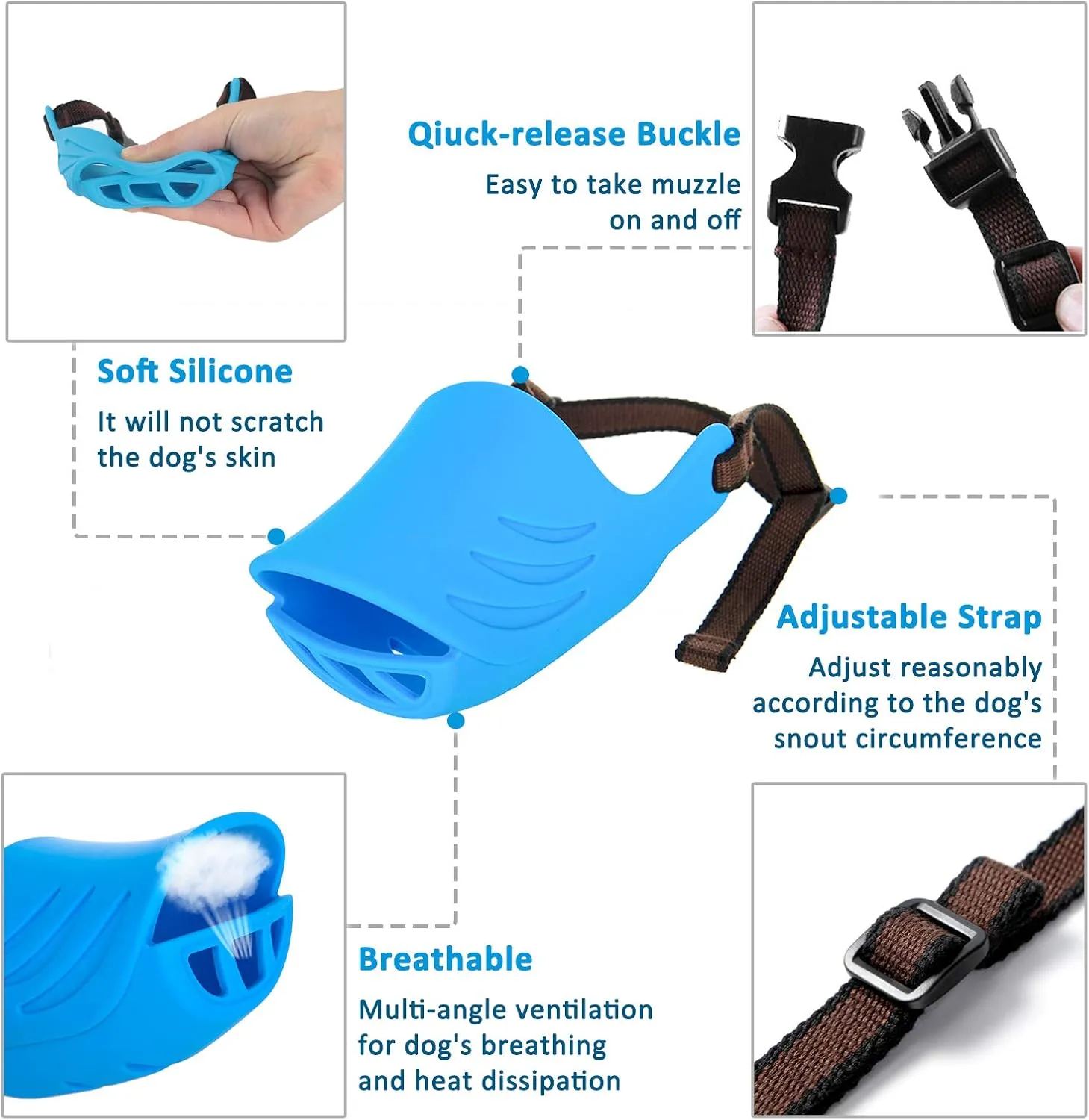 Dog Muzzle, Soft Duck Silicone Mouth Cover with Adjustable Strap for Small Medium Dogs, Best to Prevent Barking, Biting, and Chewing(Blue,M)