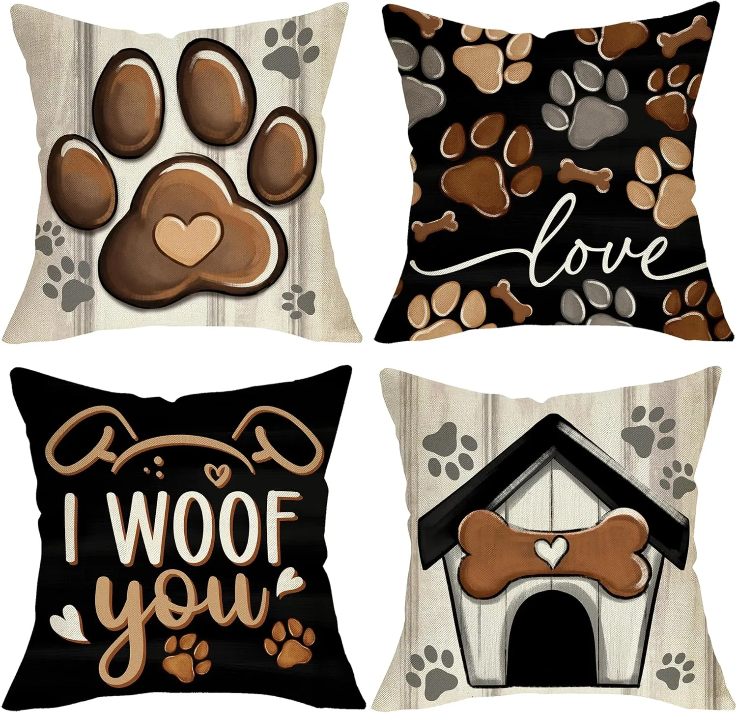 Dog Paw Print Home Decorative Throw Pillow Covers 18 x 18 Set of 4, Black Dog House I Woof You Porch Outdoor Home Decor, Bone Farmhouse Rustic Couch Cushion Case Pet Lover Gifts