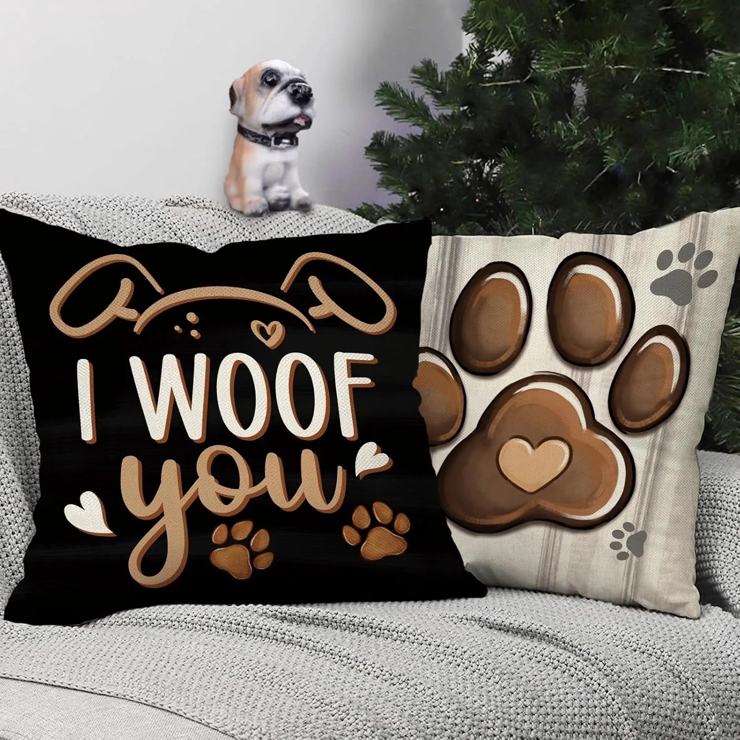 Dog Paw Print Home Decorative Throw Pillow Covers 18 x 18 Set of 4, Black Dog House I Woof You Porch Outdoor Home Decor, Bone Farmhouse Rustic Couch Cushion Case Pet Lover Gifts