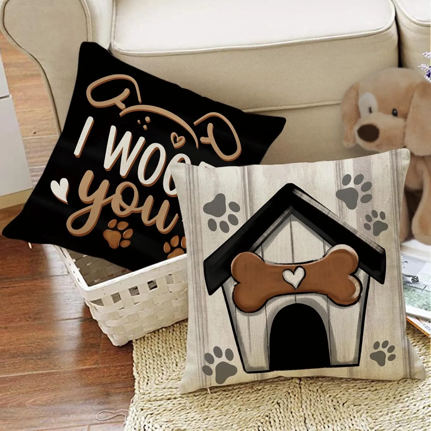 Dog Paw Print Home Decorative Throw Pillow Covers 18 x 18 Set of 4, Black Dog House I Woof You Porch Outdoor Home Decor, Bone Farmhouse Rustic Couch Cushion Case Pet Lover Gifts