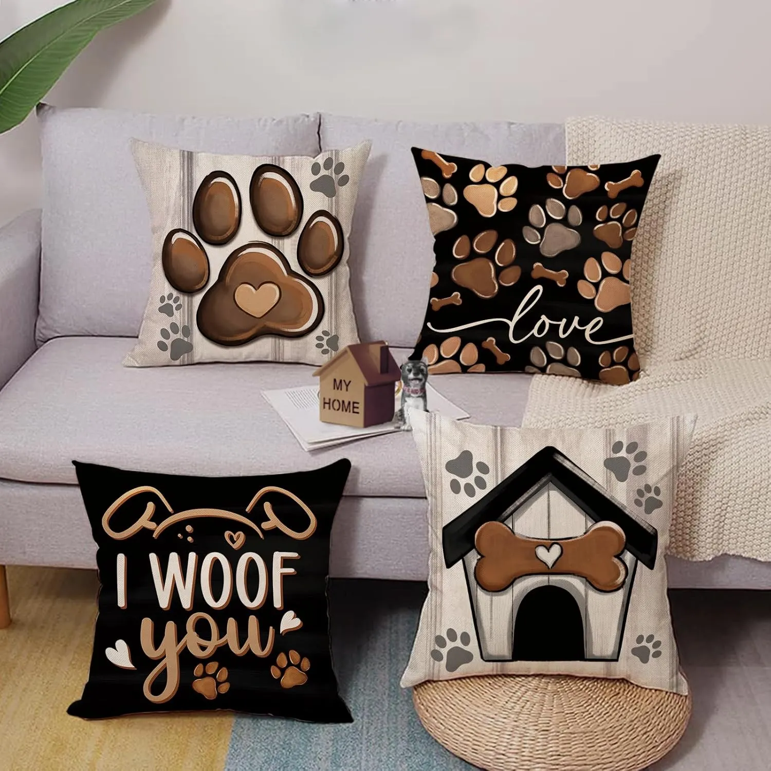 Dog Paw Print Home Decorative Throw Pillow Covers 18 x 18 Set of 4, Black Dog House I Woof You Porch Outdoor Home Decor, Bone Farmhouse Rustic Couch Cushion Case Pet Lover Gifts