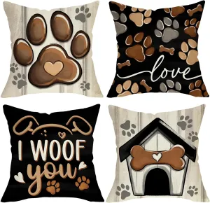 Dog Paw Print Home Decorative Throw Pillow Covers 18 x 18 Set of 4, Black Dog House I Woof You Porch Outdoor Home Decor, Bone Farmhouse Rustic Couch Cushion Case Pet Lover Gifts