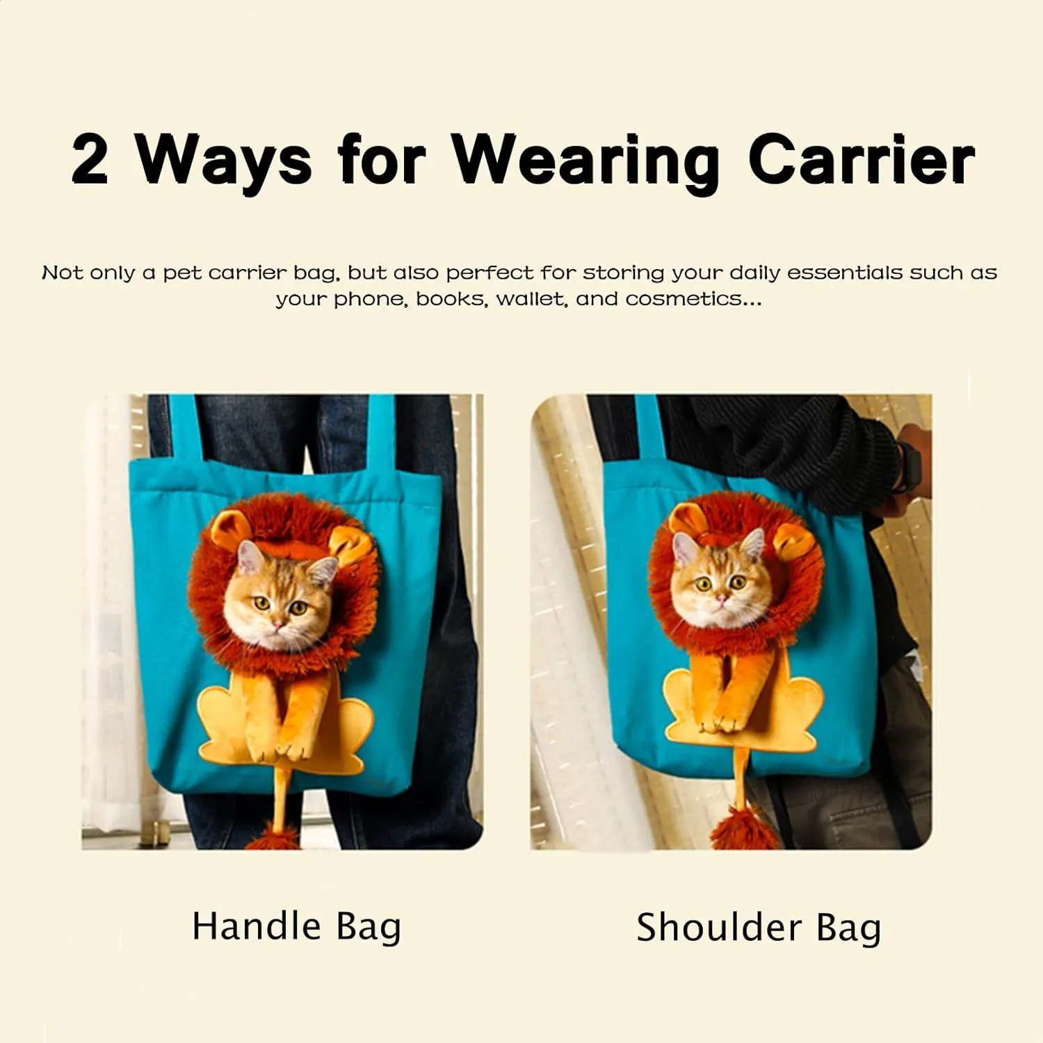 Dog Tote Bag with Zipper Cat Shoulder Carrier Lion-Shaped Pet Canvas Bag for Daily Use Walking Travel (L, Acid Blue)