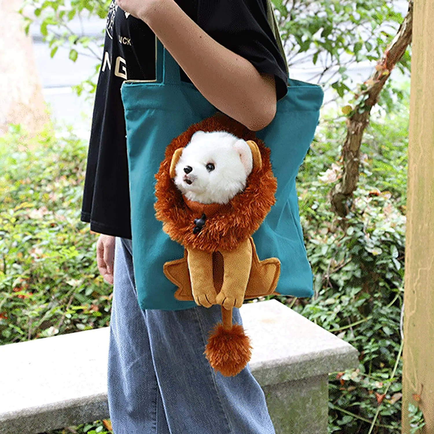 Dog Tote Bag with Zipper Cat Shoulder Carrier Lion-Shaped Pet Canvas Bag for Daily Use Walking Travel (L, Acid Blue)