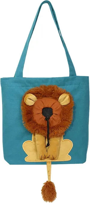 Dog Tote Bag with Zipper Cat Shoulder Carrier Lion-Shaped Pet Canvas Bag for Daily Use Walking Travel (L, Acid Blue)