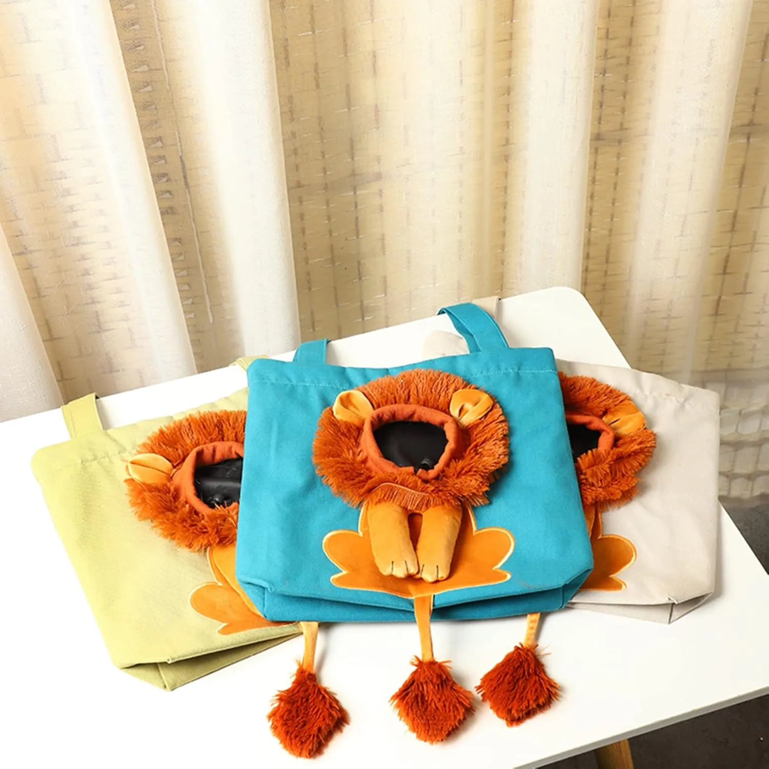 Dog Tote Bag with Zipper Cat Shoulder Carrier Lion-Shaped Pet Canvas Bag for Daily Use Walking Travel (L, Acid Blue)