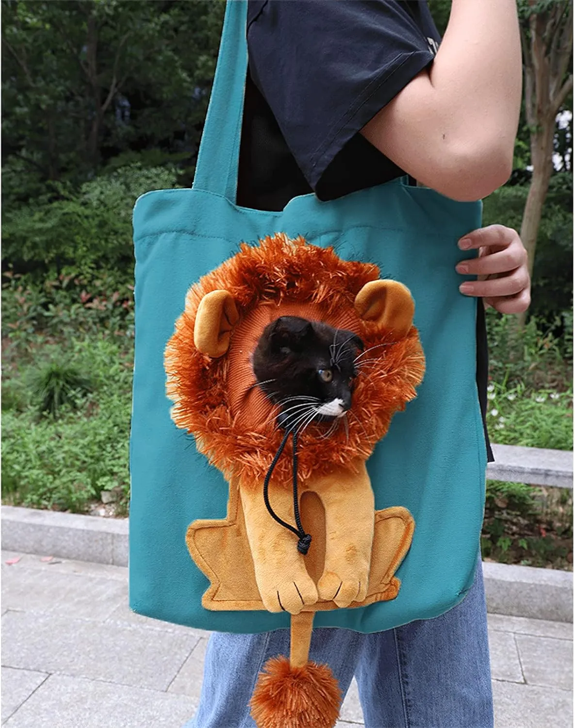 Dog Tote Bag with Zipper Cat Shoulder Carrier Lion-Shaped Pet Canvas Bag for Daily Use Walking Travel (L, Acid Blue)