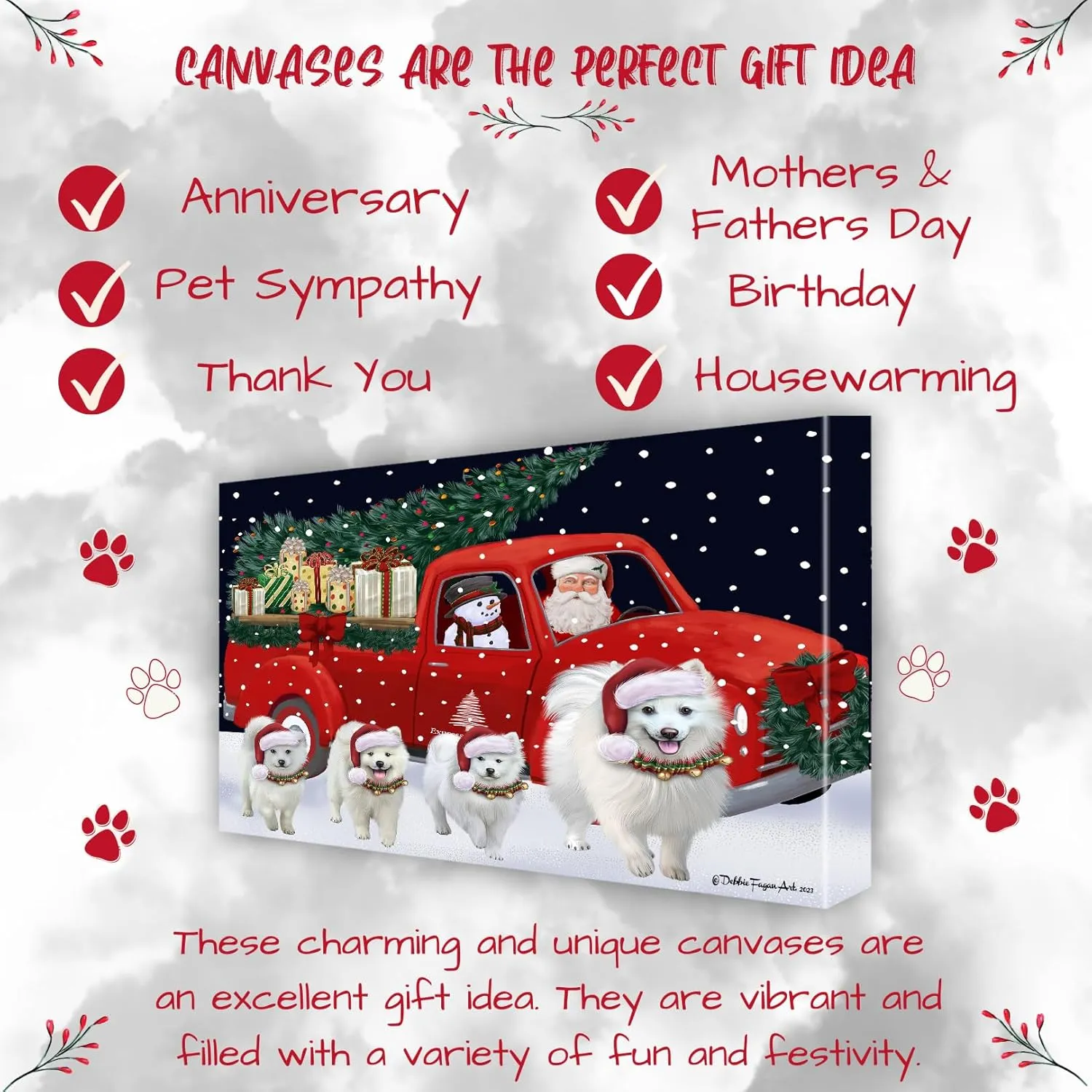 Doggie of the Day Christmas Express Delivery Red Truck Running American Eskimo Dog Canvas Wall Art - Ready to Hang Room Decor Wall Art Canvas - Digital Painting for Decoration, 8"x10"