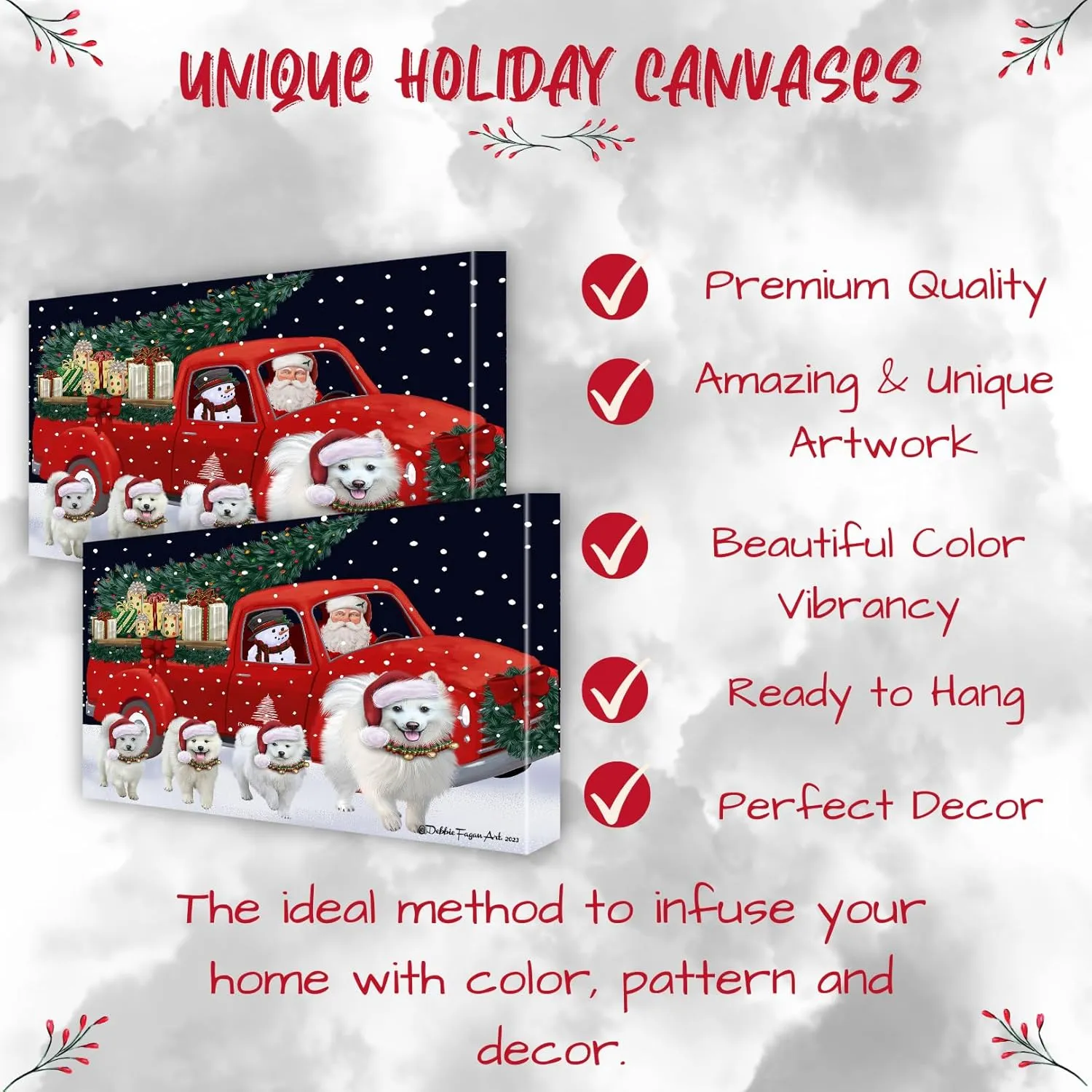 Doggie of the Day Christmas Express Delivery Red Truck Running American Eskimo Dog Canvas Wall Art - Ready to Hang Room Decor Wall Art Canvas - Digital Painting for Decoration, 8"x10"