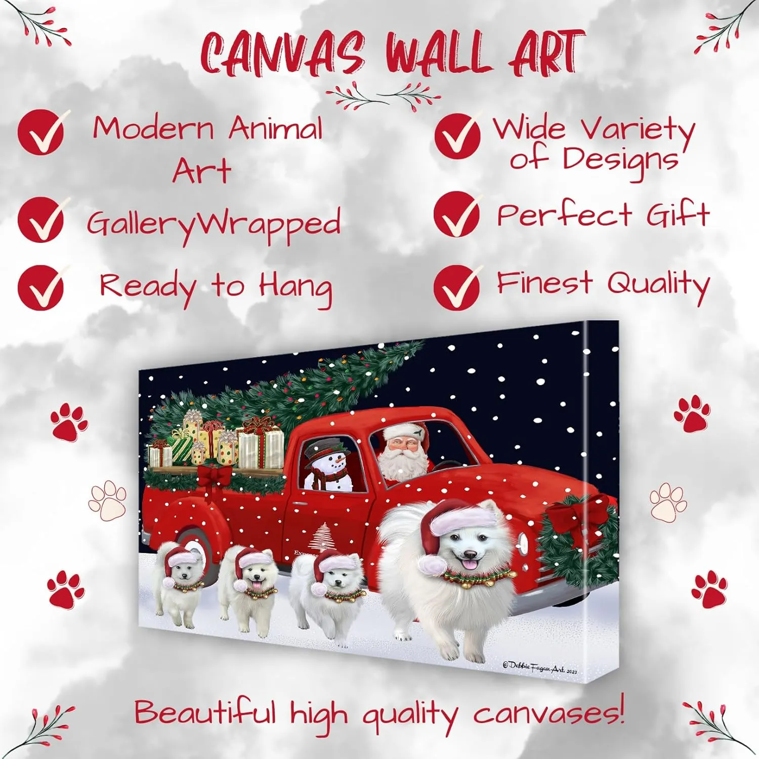 Doggie of the Day Christmas Express Delivery Red Truck Running American Eskimo Dog Canvas Wall Art - Ready to Hang Room Decor Wall Art Canvas - Digital Painting for Decoration, 8"x10"