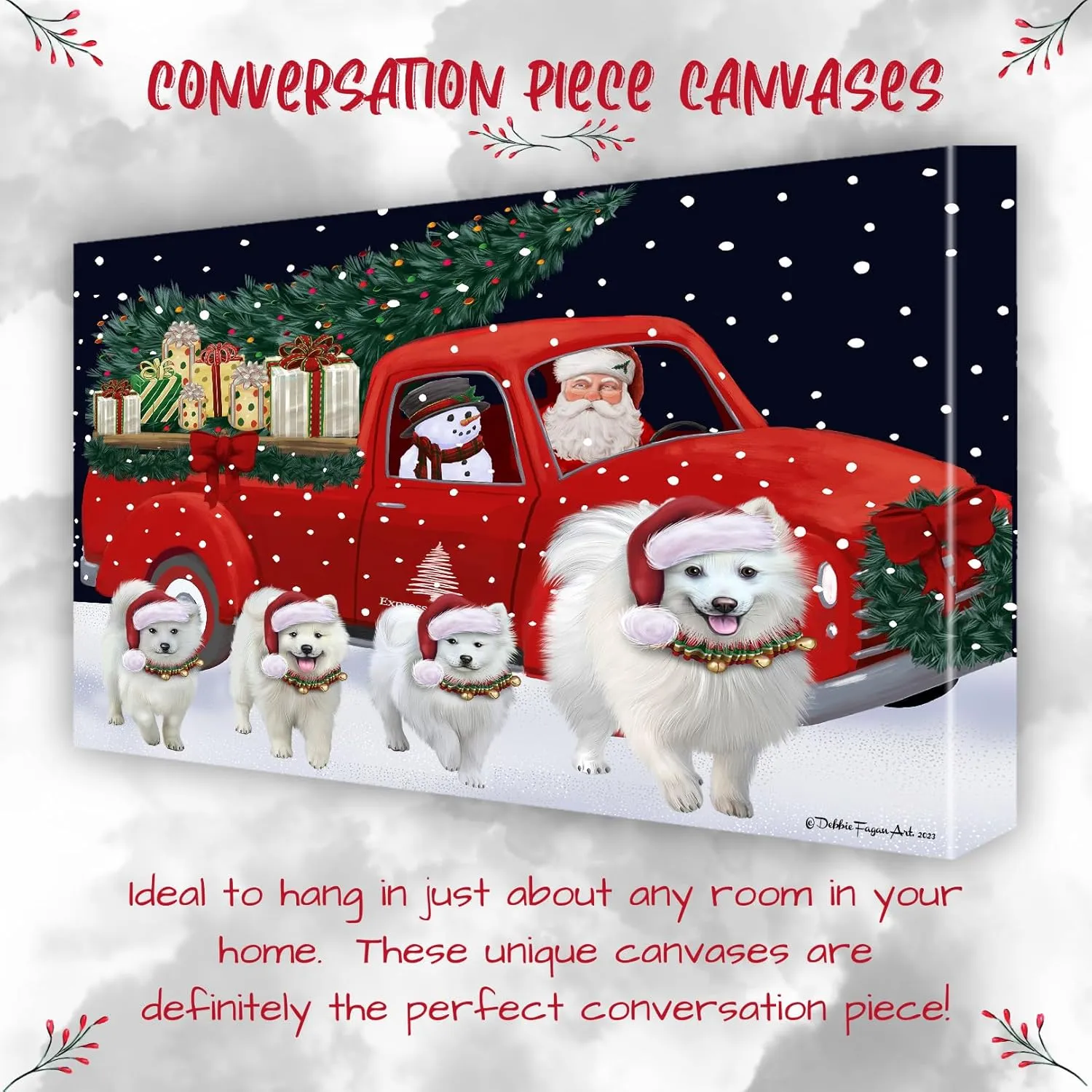 Doggie of the Day Christmas Express Delivery Red Truck Running American Eskimo Dog Canvas Wall Art - Ready to Hang Room Decor Wall Art Canvas - Digital Painting for Decoration, 8"x10"