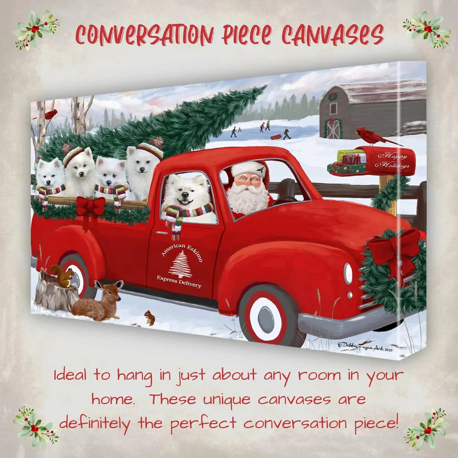 Doggie of the Day Christmas Express Red Truck with American Eskimo Dog Canvas Wall Art - Premium Quality Ready to Hang Room Decor - Flat Rolled 16" x 20"