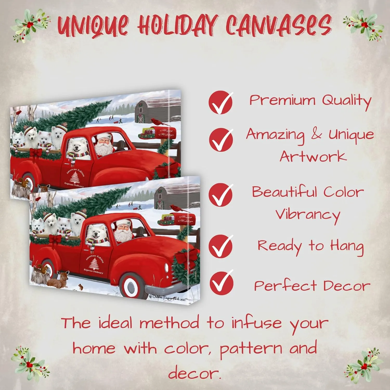 Doggie of the Day Christmas Express Red Truck with American Eskimo Dog Canvas Wall Art - Premium Quality Ready to Hang Room Decor - Flat Rolled 16" x 20"
