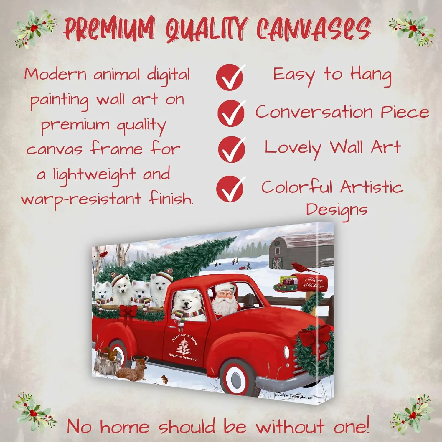 Doggie of the Day Christmas Express Red Truck with American Eskimo Dog Canvas Wall Art - Premium Quality Ready to Hang Room Decor - Flat Rolled 16" x 20"