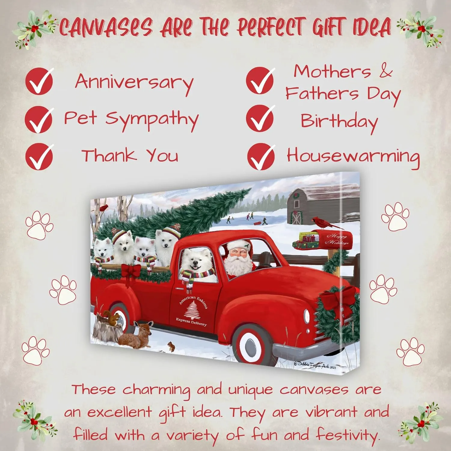 Doggie of the Day Christmas Express Red Truck with American Eskimo Dog Canvas Wall Art - Premium Quality Ready to Hang Room Decor - Flat Rolled 16" x 20"