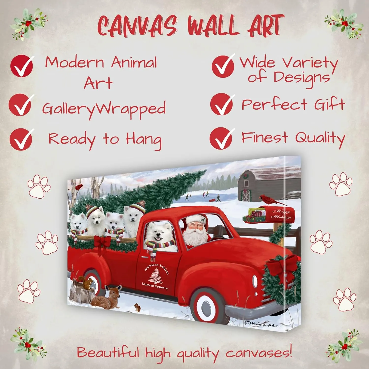 Doggie of the Day Christmas Express Red Truck with American Eskimo Dog Canvas Wall Art - Premium Quality Ready to Hang Room Decor - Flat Rolled 16" x 20"
