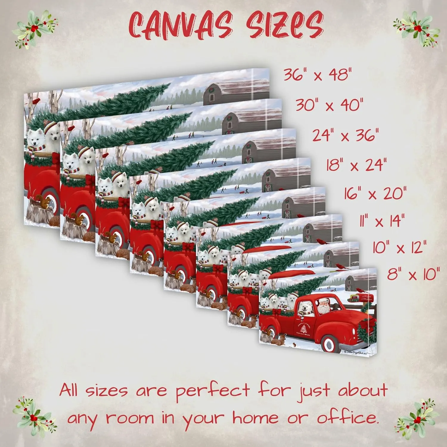 Doggie of the Day Christmas Express Red Truck with American Eskimo Dog Canvas Wall Art - Premium Quality Ready to Hang Room Decor - Flat Rolled 16" x 20"