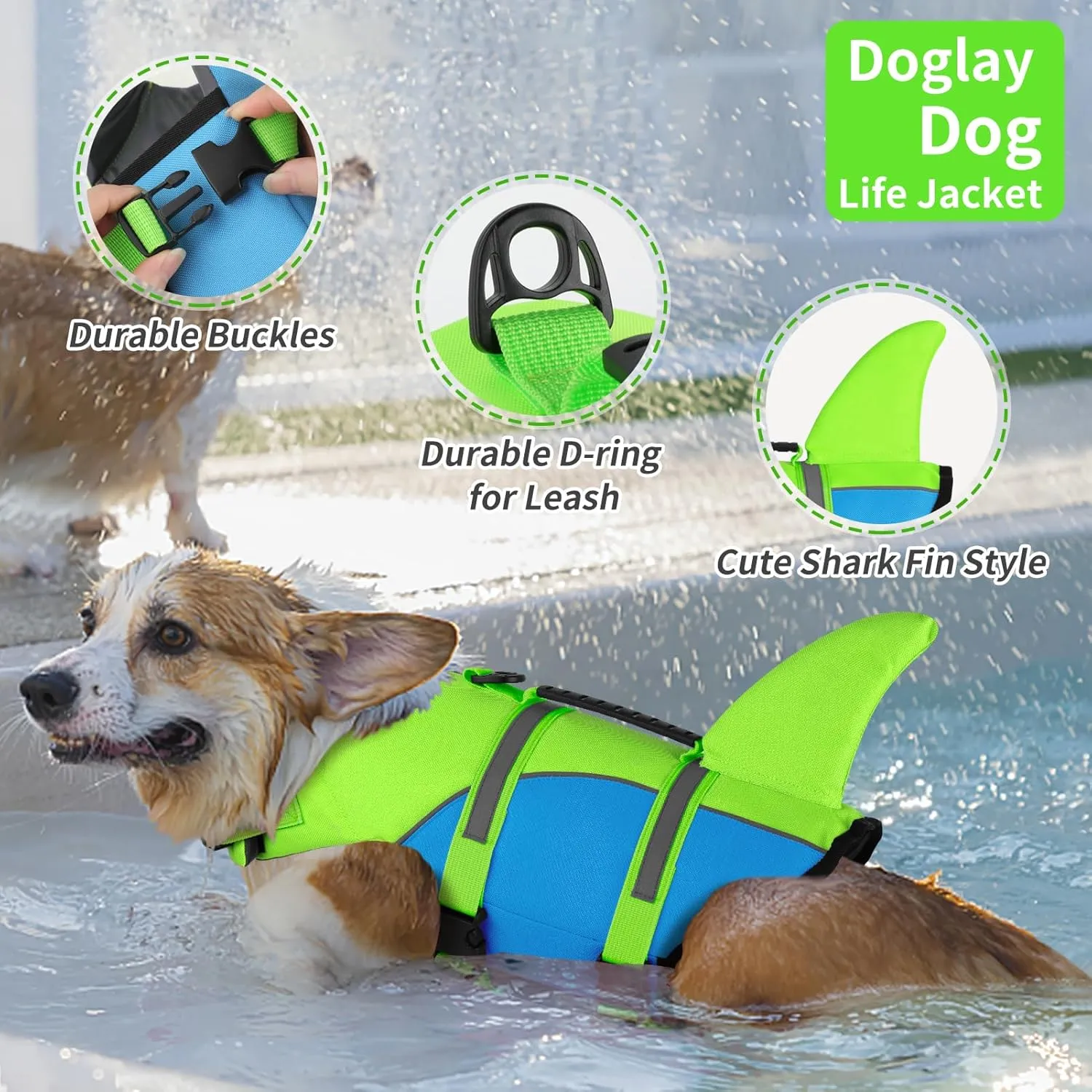 DogLay Ripstop Shark Dog Life Jacket with Rescue Handle, Adjustable Dog Vests for Swimming, Boating - Small, Medium, Large