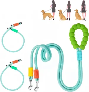Double Dog Leash & Collars, No Tangle Dual Strong Nylon Dog Leash with Padded Handles for Medium Large Dogs, Hands-Free for Walking, Jogging, Hiking(Green)