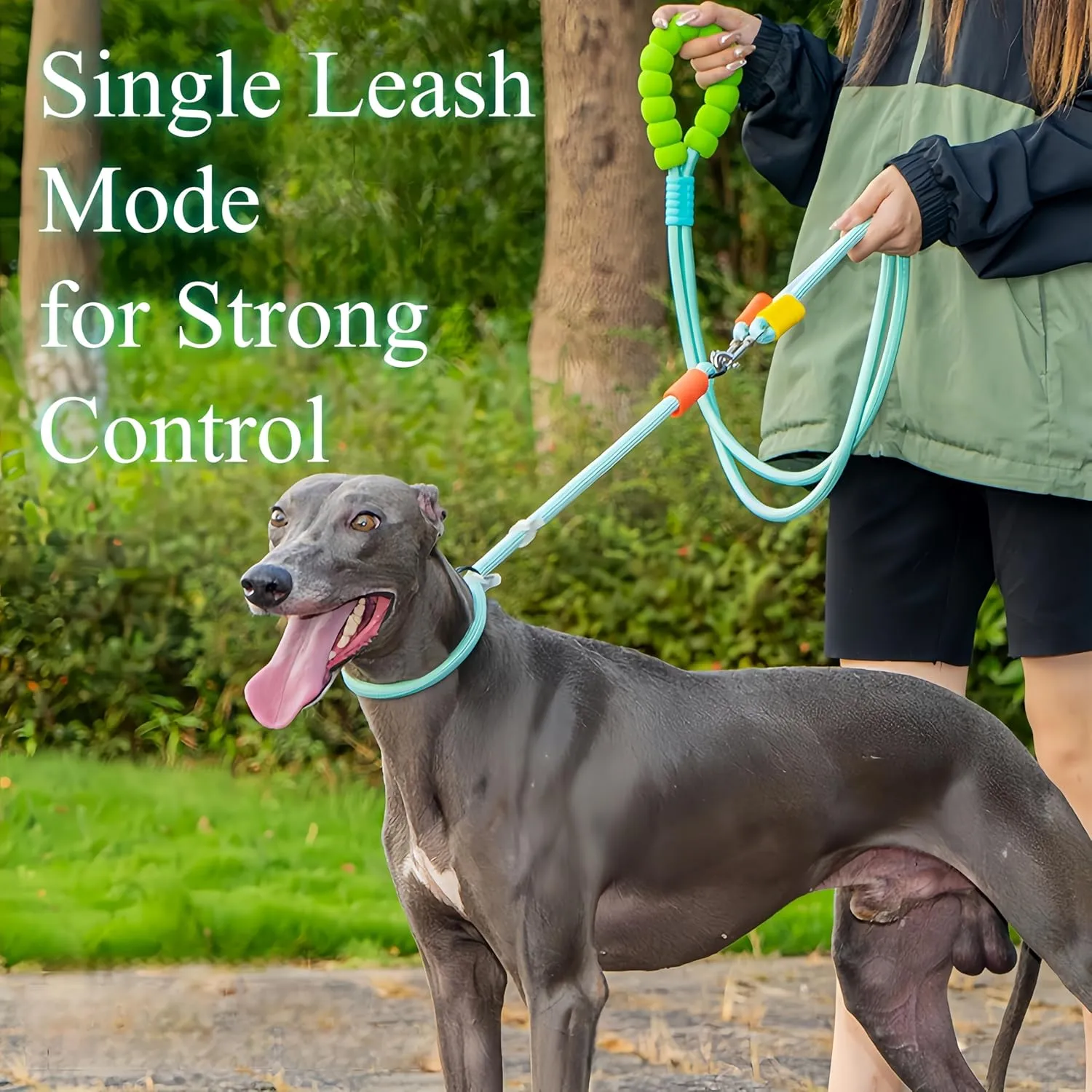 Double Dog Leash & Collars, No Tangle Dual Strong Nylon Dog Leash with Padded Handles for Medium Large Dogs, Hands-Free for Walking, Jogging, Hiking(Green)