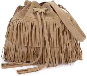 Downupdown Womens Handbags Purse Frosted Leather Bucket Bag Fringe Satchel Crossbody Bags Drawstring Shoulder Bag