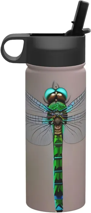 Dragonfly Print Flask Stainless Steel Water Bottle with Straw 18OZ FOR Outdoor Gym Commute